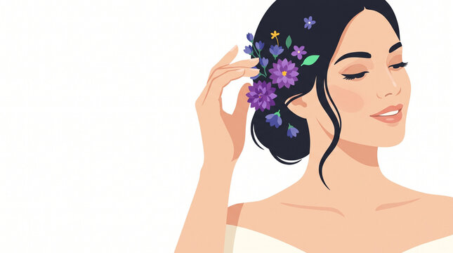 Young woman with flowers in hair smiling and enjoying nature  