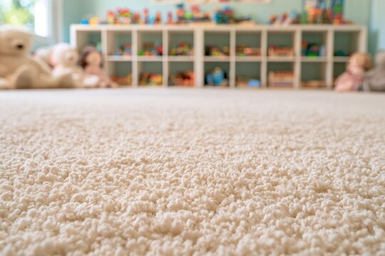 Soft, plush carpet fills foreground of a child's playroom with toys
