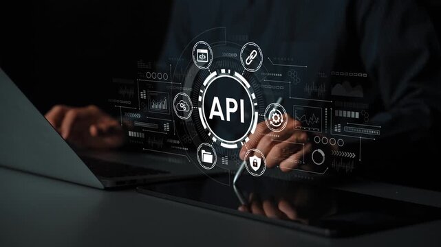Hands Engaging with Laptop and Tablet Showing API Concept with Digital Interface and Technology Elements in Dark Environment. Entropy.