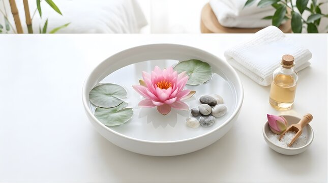 Pink lotus flower floating in water bowl with spa accessories on table