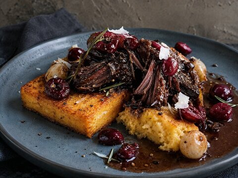 Crispy polenta with braised beef cheek, roasted cherries and rosemary jus