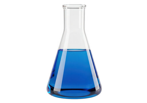 Erlenmeyer flask filled with blue liquid on transparent background beaker