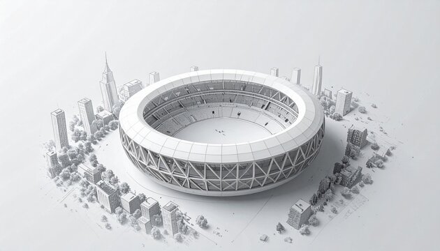 Detailed architectural sketch of a large circular stadium surrounded by city buildings and trees on a plain white background in black white