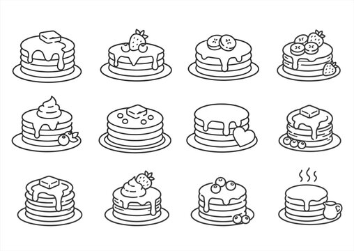 Pancake Day Breakfast and Pancake Icon Set. Pancake Stack and Breakfast Food Icon Collection. Pancakes, Dessert and Breakfast Line Icon Set