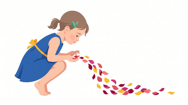 Young girl scattering autumn petals while crouching on the ground  