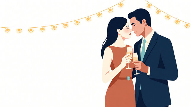 Couple celebrating their love with drinks under string lights  
