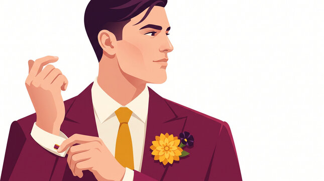 Young man in a suit adjusting his cuff with a boutonniere on lapel  