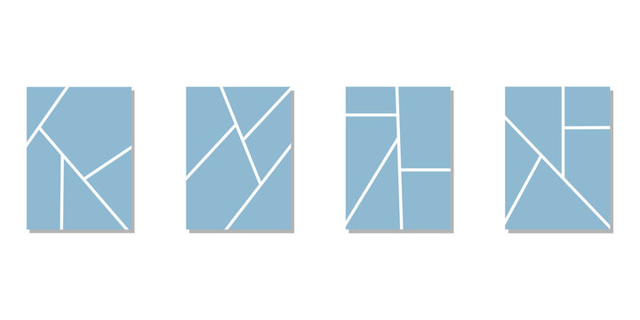Four blue photo collage frames with modern geometric abstract layouts