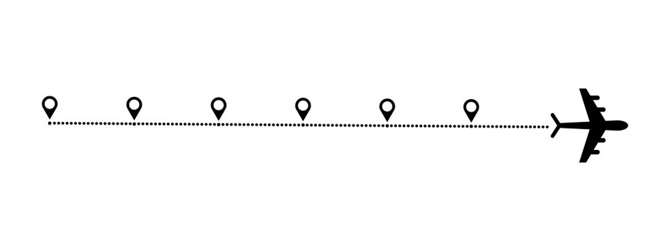 Black airplane icon flying with a dotted path line and multiple location map pin markers
