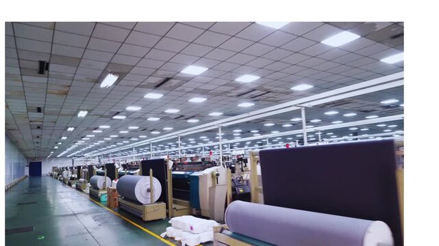 Modern Textile Factory with Row of Industrial Weaving Machines
