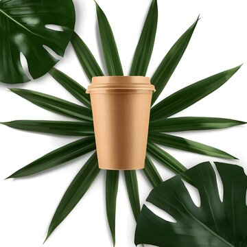 A minimalist eco-friendly coffee cup crafted from textured brown kraft paper features a matching molded sugarcane lid, sitting upright as the central element. Surrounding the cup are green leaves.