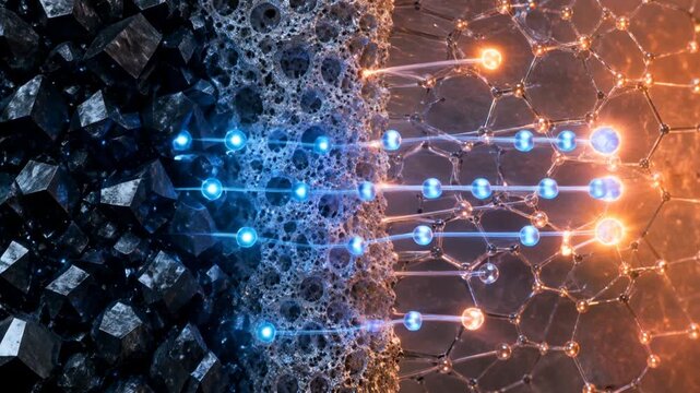 Microscopic 3D animation of lithium ions moving through a porous separator between battery electrodes, illustrating ion transport inside a lithium-ion cell.