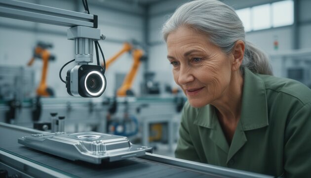 Mature quality control specialist closely observing a small machine vision inspection camera mounted above production line