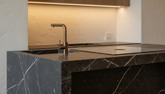 Close up detail shot of an artisanal dark limestone kitchen island featuring a bronze faucet and flush induction cooktop