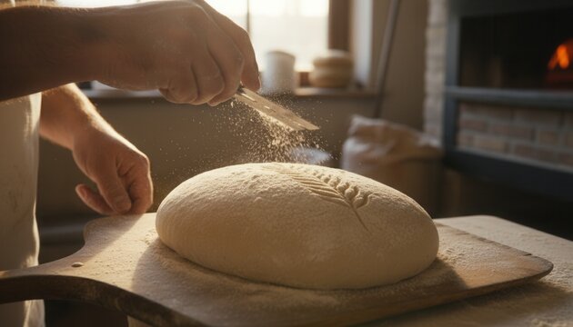 Baker scoring a decorative wheat pattern with a razor blade onto raw flour dusted artisan sourdough bread dough