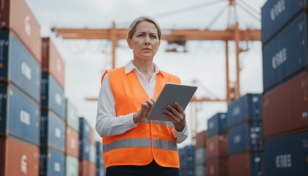 Professional female logistics manager wearing a high visibility vest and using a digital tablet in a shipping container yard