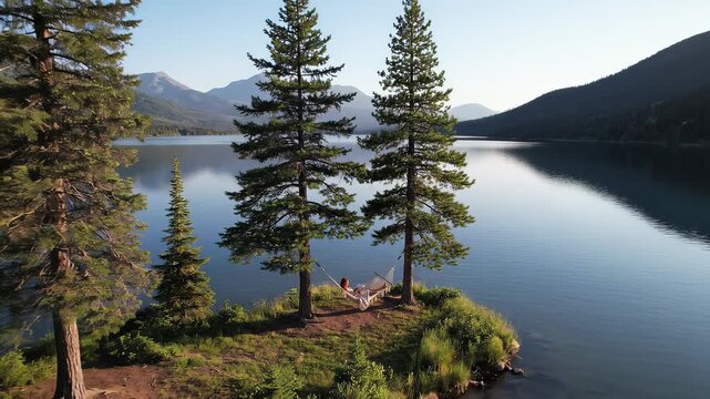 Woman relaxing in hammock by tranquil lake during golden hour with serene forest and mountain backdrop