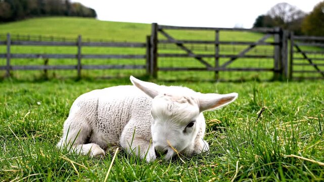 Young lamb resting peacefully on a verdant meadow during daylight with a rustic wooden fence in the background