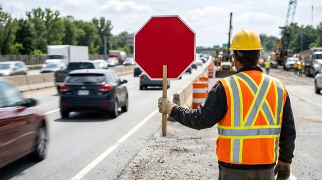 Construction worker holding a red stop sign on a highway road site