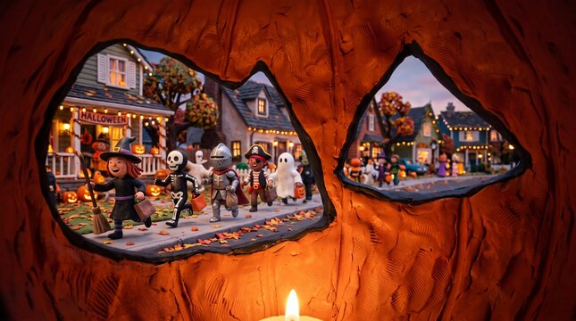 Claymation Children Trick or Treating Viewed Through Carved Pumpkin