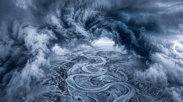 Dramatic Storm Clouds Swirling Over Frozen Winter River Landscape