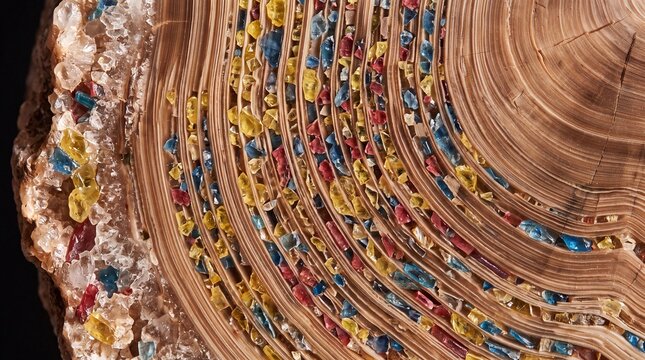 Cross Section of Tree Trunk Rings Inlaid with Colorful Crystals