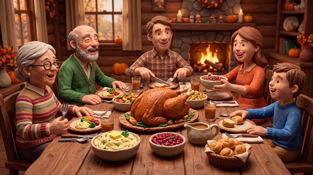 Happy Family Enjoying Thanksgiving Dinner Around Table at Home