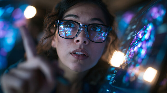 Young Woman Interacting with Futuristic Digital Screen Interface