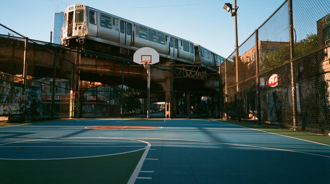 Urban Basketball Court Under Elevated Subway Train Track