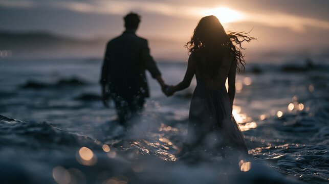 Couple Holding Hands Walking in Ocean at Sunset