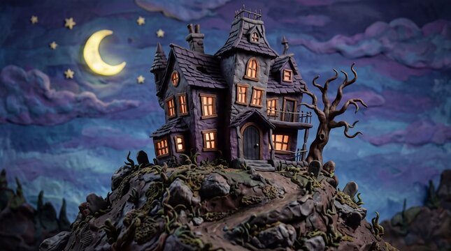Spooky Claymation Haunted House on Hill at Night