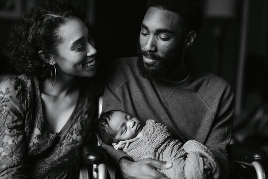 Loving Parents Holding Newborn Baby in Wheelchair at Home