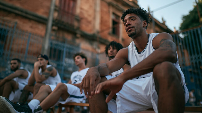 Young Basketball Player Sitting on Bench With Team Outdoors