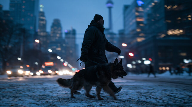 Man Walking German Shepherd on Snowy City Street at Dusk