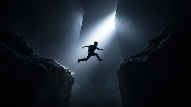 Silhouette of Man Jumping Across Chasm Towards Light
