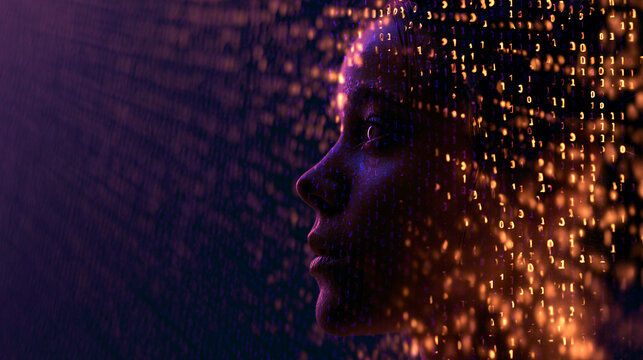 AI Digital Woman Face with Binary Data Code