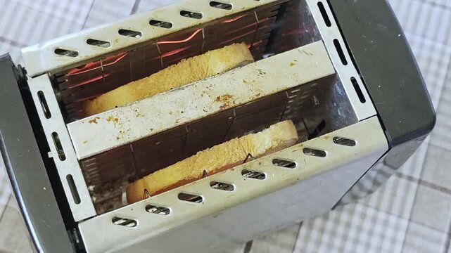Toasting bread in a toaster at home during breakfast time