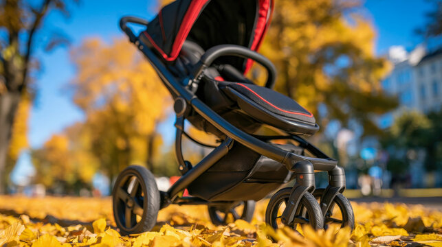 Empty modern baby stroller standing among golden autumn leaves in a city park, representing parenting, childcare, family lifestyle, walking and seasonal outdoor activities
