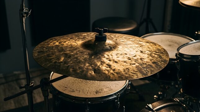 Golden drum cymbal on a drum kit in a dark music studio for recording