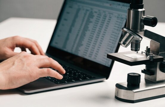 Research documentation in a science laboratory with hands using a laptop and examining a microscope slide