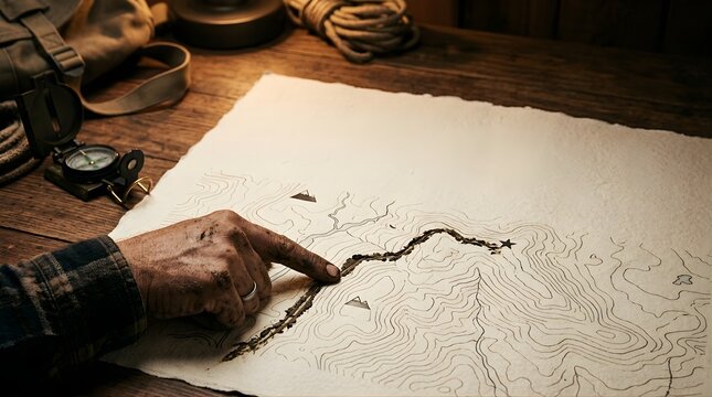 Hand pointing at a mountain trail map on a rustic wooden desk with compass