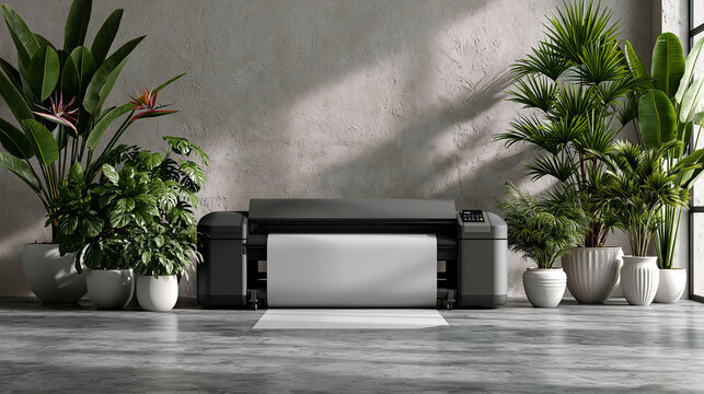  modern large-format wide plotter printer centered in a bright minimalist studio, 
