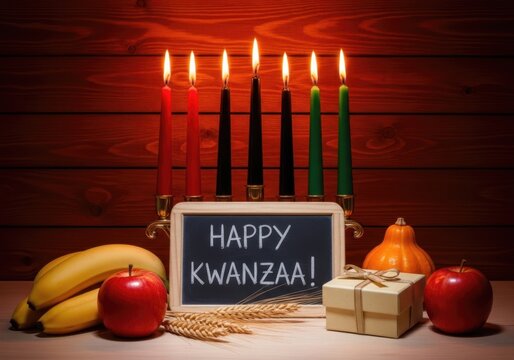 Happy kwanzaa celebration with kinara candles and traditional symbols