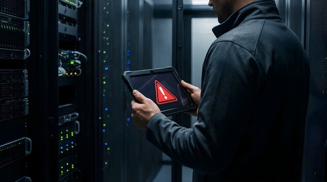 IT technician troubleshooting server error with tablet in datacenter