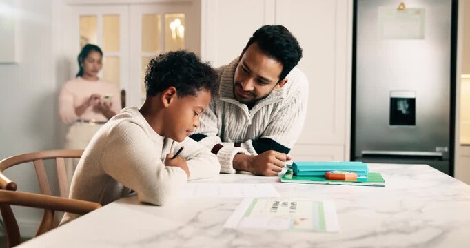 Dad, child and writing in house with homework, teaching knowledge or discussion for answer on quiz. Man, son and conversation in family home with school task, education or taking notes for assignment