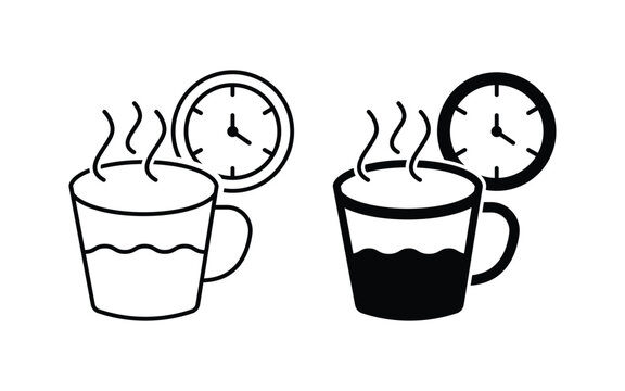 Coffee with clock in linear and black flat style suitable for coffee break icon.