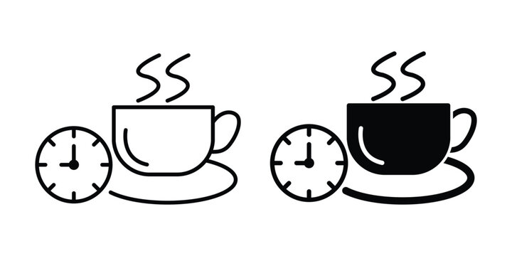 Coffee with clock in linear and black flat style suitable for coffee break icon.