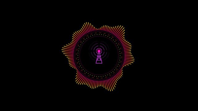 Abstract radio antenna tower icon animated with audio spectrum wave on black background video.