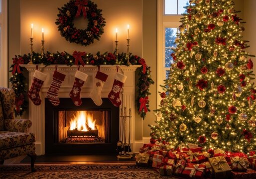 Cozy christmas living room interior with fireplace and tree