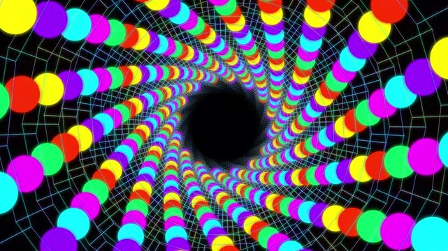 Abstract tunnel with colorful glowing spheres spinning into deep black hole in hypnotic motion loop.